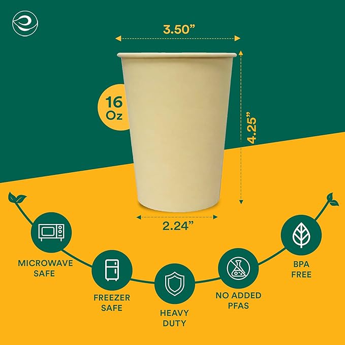 ECO SOUL 100% Compostable Plant-Based 16oz Hot Cups | (25 Count, 16 oz Hot Cups) | Disposable Bagasse Paper Cups | Eco-friendly Cups | Sturdy, Microwave & Oven Safe