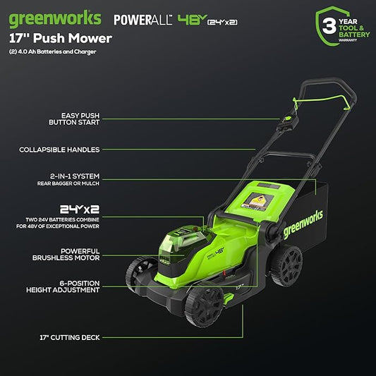 Greenworks 48V (24V x 2) 17" Brushless Cordless Push Lawn Mower, Includes (2) 4.0Ah Batteries and Dual Port Rapid Charger((200+ Compatible Tools, 45Min Runtime)