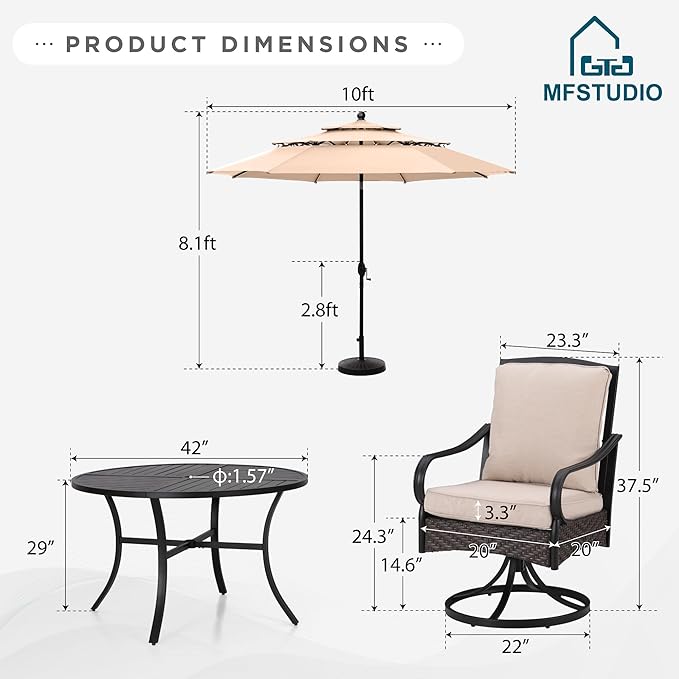 MFSTUDIO 6 Pieces Patio Set with Umbrella, 42'' Round Metal Table & 4 Swivel Chairs & 10ft Umbrella, Outdoor Table and Chairs, Heavy Duty Dining Furniture for 4 with Beige Umbrella