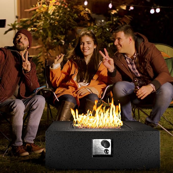COSIEST Outdoor Propane Fire Pit Coffee Table w Square Faux Stone 35-inch Base, Certified, 50,000 BTU Stainless Steel Burner, Free Lava Rocks and Rain Cover,Tank Cover, Gray