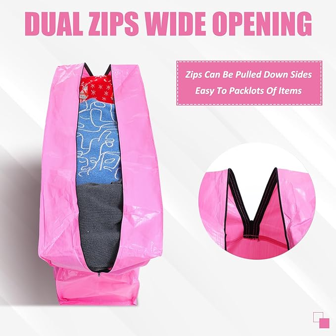Windyun 4 Pack 69 Gallon Extra Large Storage Bags XXL Moving Bags with Zipper Handles Heavy Duty Jumbo Big Tote Box for Christmas Tree Storage 4, 5, 7.5, 9, 10, 12 ft Skeleton College Dorm(Pink)