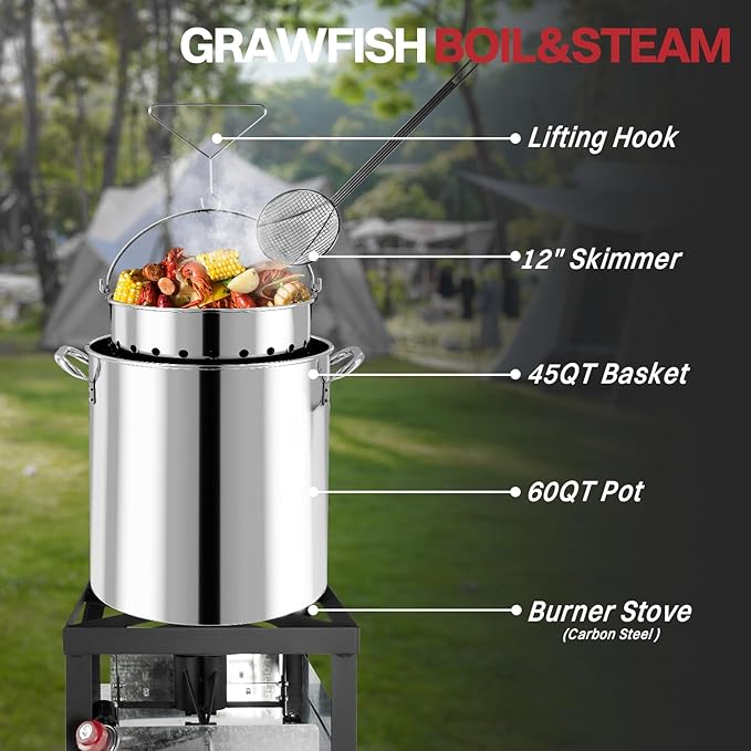 60QT Stainless Steel Crawfish Boiler | Seafood Boiling Kit | Cover & Skimmer Included | 110,000BTU Propane Jet Burner | 0-20 PSI CSA Certified Regulator | Crab Boil Pot for Outdoor Backyard Cooking