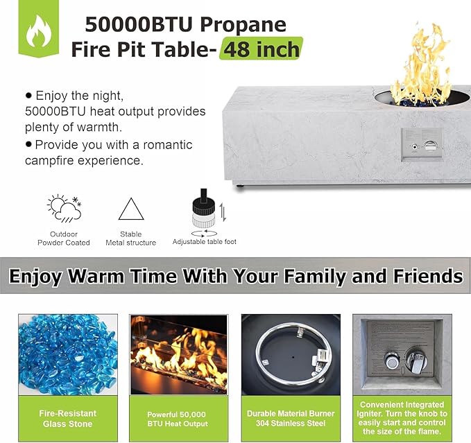 Outdoor Fire Pit Table Propane Gas Fire pits &Outdoor Fireplaces 48″ Rectangular Firepit Table, 50,000 BTU Fire Table for Patio Set, Marble Pattern - 48" Rectangular Table
