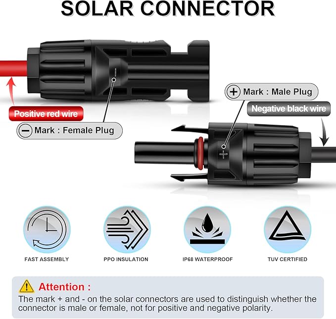 iGreely Solar Panel Extension Cable - 10 Feet 10AWG(6mm²) Solar Extension Cable with Female and Male Connector Solar Panel Wiring Wire Adapter (10FT Red + 10FT Black)
