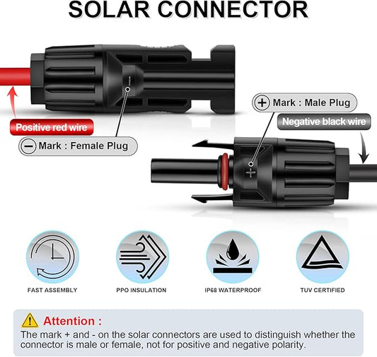 iGreely 20 Feet 10AWG Solar Extension Cable with Female and Male Connector Solar Panel Wire Adapter (20FT Red + 20FT Black)
