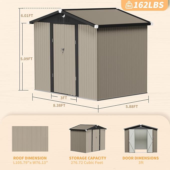 Outdoor Storage Shed 8x6 FT,Metal Tool Sheds,Waterproof Outside Storage Sheds,Large Storage Building with Lockable Door