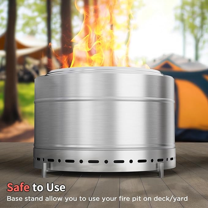 Large Smokeless Fire Pit 26" with Stand Wood Burning Stainless Steel Outside Firepits for Outdoor Backyard Patio Garden Picnic Camping Bonfire
