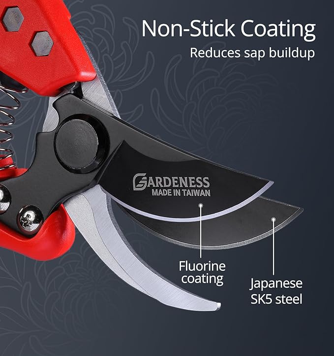 Gardeness Non-stick Coated Blade Bypass Pruning Shears-Garden Clippers For Gardening, Handheld Florist branch cutters - Floral Hand Secateurs with Comfort Grip Handles, Trimming and Yard Work