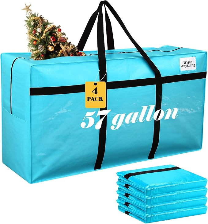 Windyun 4 Pack 57 Gallon Extra Large Storage Bags XXL Moving Bags with Zipper Handles Heavy Duty Jumbo Big Tote Box for Christmas Tree Storage 4, 5, 7.5, 9, 10, 12 ft Skeleton College Dorm(Lake Blue)