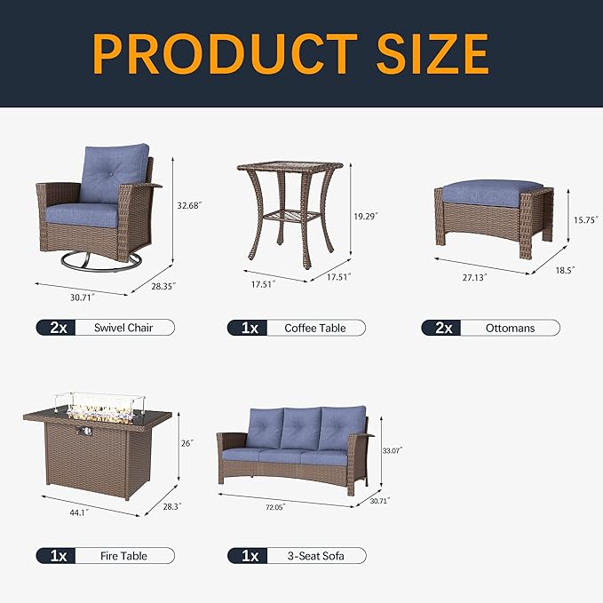 7 Pieces Outdoor Patio Furniture Set with Fire Pit Table, Wicker Patio Sectional Set Conversation Wicker Swivel Chairs with Small Side Table