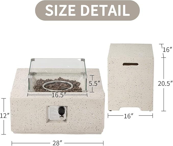 SUNBURY Outdoor 28 Inch Propane Fire Pit Table, Square Fire Table w Tank Table, 40,000 BTU Spotted White Patio Gas Fire Table w Glass Wind Guard, Waterproof Cover, Lava Rocks …