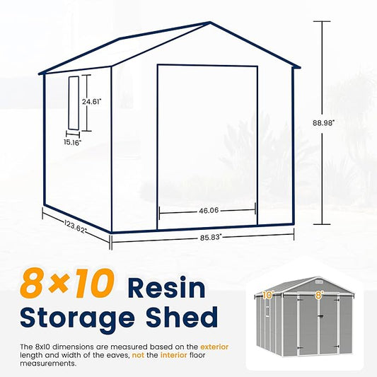 UDPATIO Storage Shed 8 x 10 FT, Resin Sheds & Outdoor Storage with Floor Large Clearance Outdoors Plastic Garden Tool Shed Tuff Outside Cottage Shed with Lockable Door for Bike, Garbage Gray White