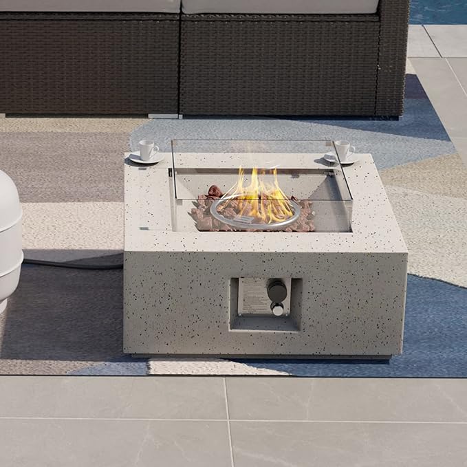 SUNBURY Outdoor 28 Inch Propane Fire Pit Table, Square Fire Table w Glass Wind Guard, 40,000 BTU Spotted White Patio Gas Fire Table Waterproof Cover, Lava Rocks