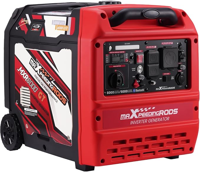 maXpeedingrods 6000 Watt Portable Inverter Generator with Bluetooth® App Remote Control, with Electric Start, Dual Voltage Output with Wheels and Telescopic Handle for Garden, RV Trips, Home Backup