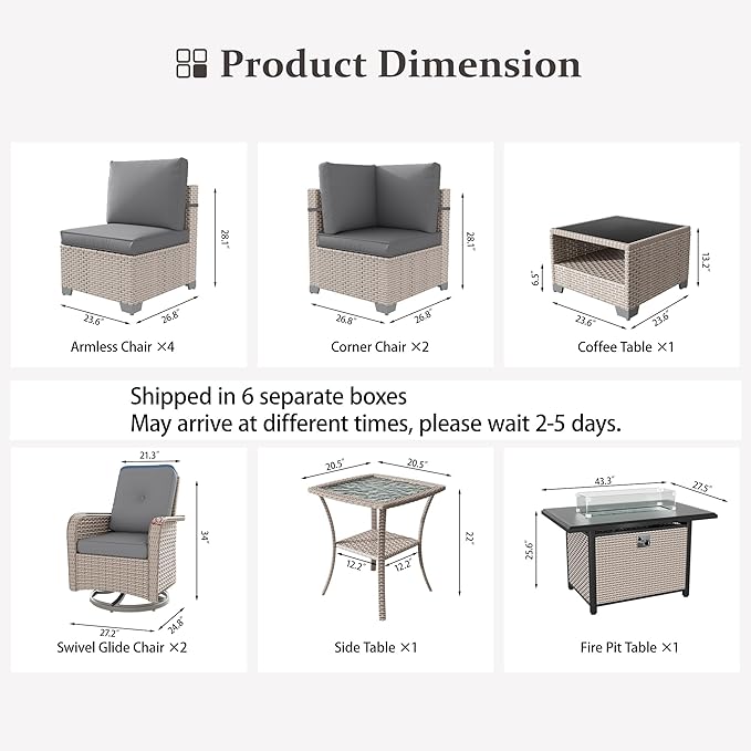 11 Pieces Patio Furniture Set with Fire Pit Table, Outdoor Sectional Wicker Sofa with Thick Cushions, High Back Swivel Rocker Patio Chairs, Rattan Conversation Set with Coffee Table, Grey