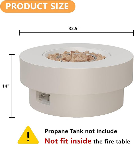 32 inch Outdoor Propane Fire Table, Round Patio Fire Pit Table, 50,000 BTU Gas FirePit with Lid, Cover, Lava Rocks, CSA Certified, White
