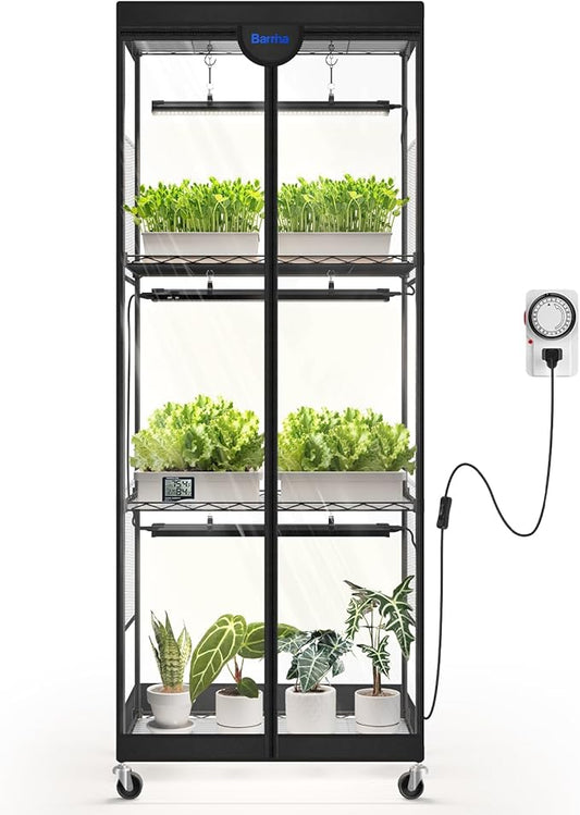 Barrina LP600 Indoor Greenhouse with Grow Light, 75W TX-S25 1.6FT 5000K, 4-Tier Plant Stand with Full Spectrum Lights, Plant Shelf with Tent, Timer & Thermometer for Seed Trays,Growth,23.6x13.8x59.1IN