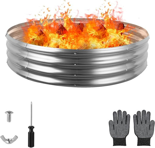 48 Inch Round Galvanized Fire Pit Ring, Silver Round Galvanized Fire Ring, 4 Feet Diameter Fire Pit, Outdoor Pits for Backyard, Camping, Bonfire