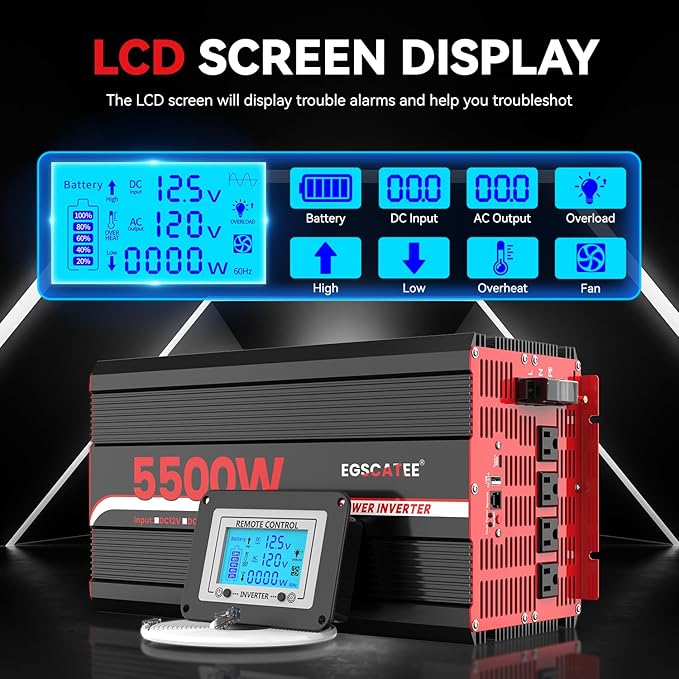 5500W Power Inverter 12V DC to 120V AC Converter for Truck, Home, RV, Peak 11000W Off-Grid Solar Power Inverter with 4 AC Outlets, USB Port,Type-C Port, Remote Controller with LCD Screen