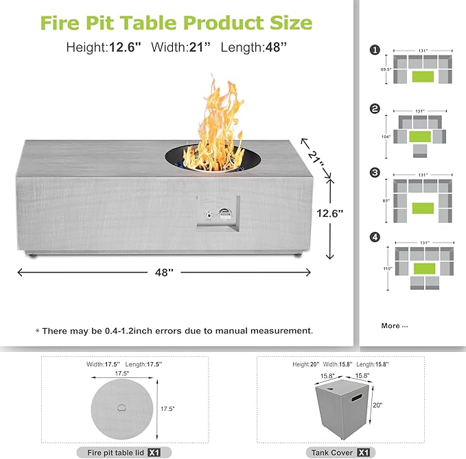 48" Outdoor Propane Fire Pit with Round Burner and Lights - 50,000 BTU Fire Pit Table with Lid, Rocks, Cover & Tank Storage - Patio and Deck Gas Fire Pit (Light Grey/Golden Light, 48" LED)