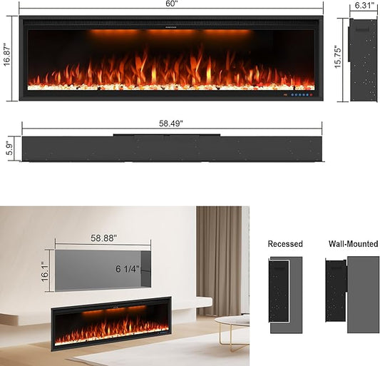 60" Smart Electric Fireplace Inserts,Slim Fireplace with APP Control & Remote Control& Touch Panel,13 Adjustable Flame Color&13 Fuel Bed Colors,750W/1500W,Black