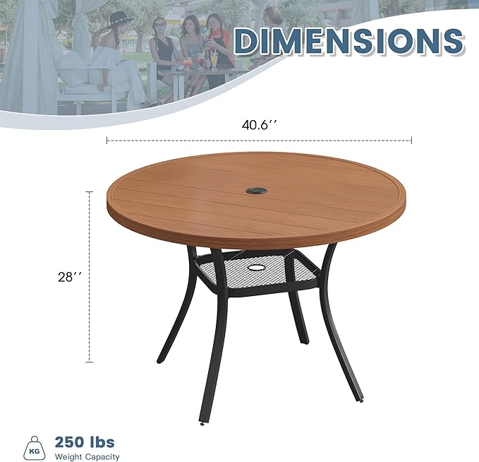 DIFY Outdoor Dining Table for 4 Person, 40.6"x 40.6" All Weather Round Patio Metal Table with 1.57" Umbrella Hole for Poolside Garden and Backyard, Walnut