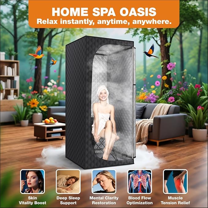 Portable Sauna Box for Home, Personal Steam Sauna Tent with 3L 1200 Watt Steamer, Remote Control and Fodable Chair, for Steam Detox Relaxation Spa, Indoor & Outdoor, 9 Levels, 2.6’ x 2.6’ x 6.1’