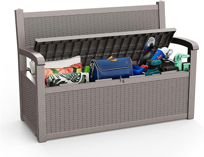 EasyUp 80 Gallon Outdoor Storage Bench, Waterproof and Lockable Deck Box Outdoor Storage Furniture for Patio,Garden,and Porch – Perfect for Storing Garden Tools and Cushions(Gray)