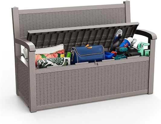 EasyUp 80 Gallon Outdoor Storage Bench, Waterproof and Lockable Deck Box Outdoor Storage Furniture for Patio,Garden,and Porch – Perfect for Storing Garden Tools and Cushions(Gray)