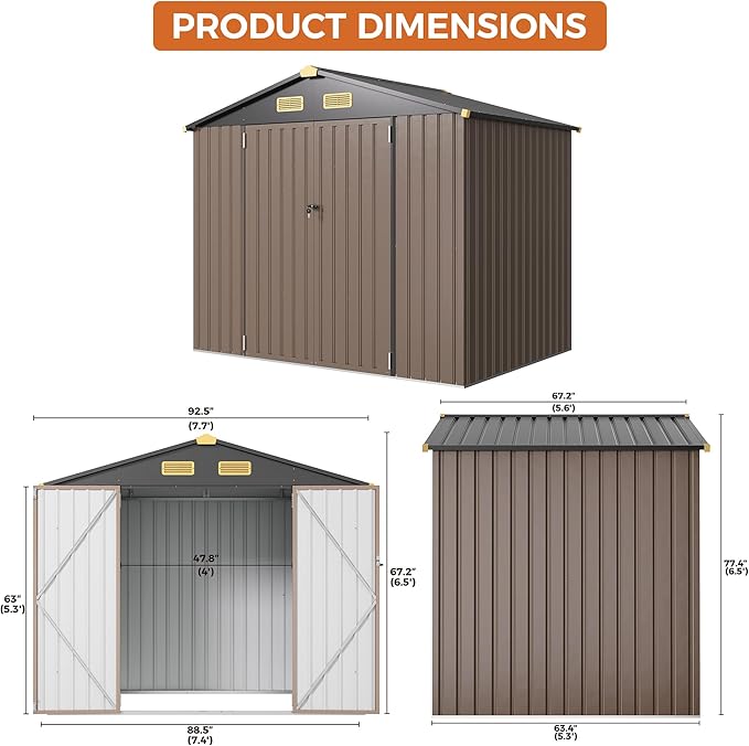 IRONCK 8x6FT Outdoor Storage Shed with Lockable Doors, 7.4x5.3FT Base Galvanized Steel Metal Garden Tool Shed with Breathable Vent for Yard Bins/Generator/Wheelbarrow Storage, Brown