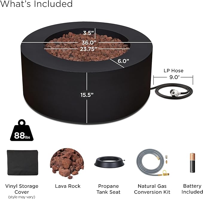 Real Flame Aegean 36" Round Propane or Natural Gas Fire Pit Table, 50,000 BTU, Powder-Coated Steel, Push-Button Ignition, CSA Certified, Lava Rock, Storage Cover, Stainless Steel Burner with Lid