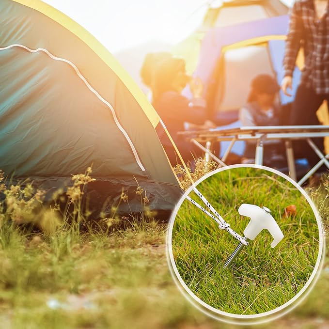 EAGLE PEAK Heavy Duty Galvanized Non-Rust Camping Tent Stakes with 4x10ft Ropes, Steel Stake Pegs for Canopy Gazebo,10pc-Pack, Fluorescent White