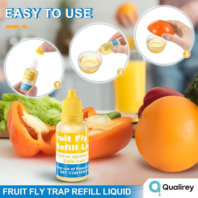 Qualirey Fruit Fly Trap for Indoor and Kitchen Use, 0.68 oz Each Bottle Fruit Fly Trap Refill Liquid, Ready to Use, Safe Near Food, Efficient Lure Refill Liquid, Yellow(4 Pack)