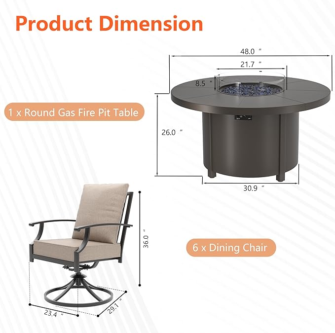 7 Pieces Patio Furniture Set with Round Fire Pit Table, Outdoor Conversation Sets 6 Swivel Chairs with Upgrade Cushions for Patio, Backyard Brown