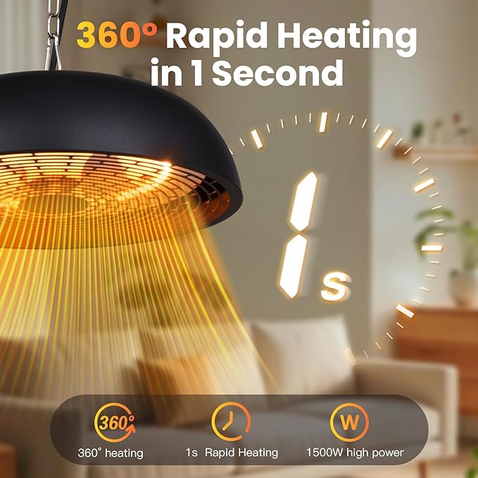 Infrared Electric Patio Heater, 1500W Outdoor Heaters for Patio with Overheat Protection,1500W Hanging Ceiling Mounted Infrared Patio Heater with IP55,Cord-Free Design (black)