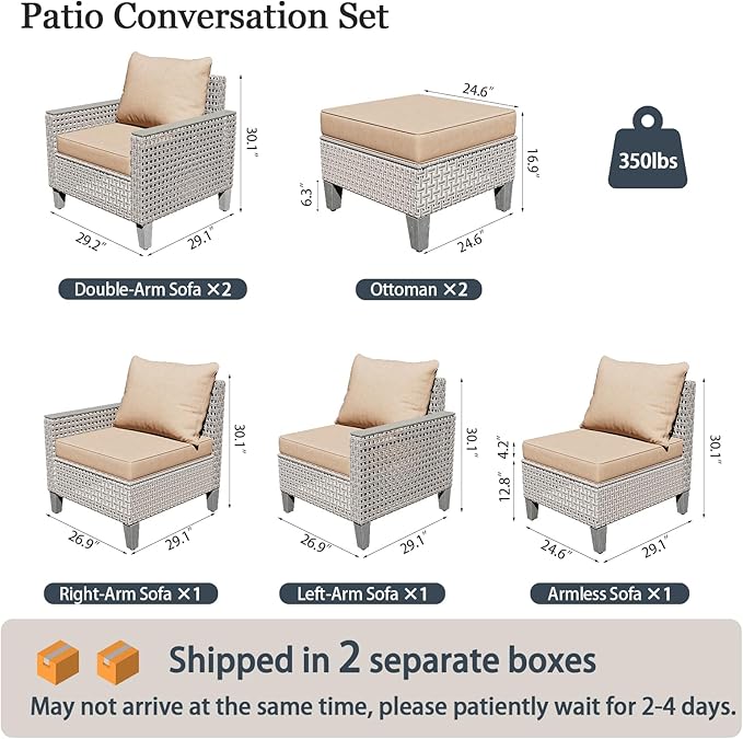 Outdoor Patio Furniture Set 7-Piece Modular Wicker Sectional Sofa with Ottomans and Thick Cushions, Modern Rattan Outdoor Conversation Couch for Garden Backyard, Khaki
