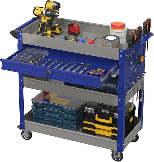 3 Tier Rolling Tool Cart with Drawer, 450 LBS Heavy Duty Utility Cart on Wheels, Service Cart for Garage, Workshop and Warehouse (Gray&Blue)