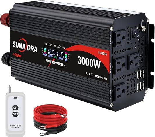3000 Watt Inverter with LCD & Remote Control 12V DC to 110V/120V AC 60HZ Power Converter 6000W(Peak) with 4 Sockets & 4 USB Ports Power Inverters for Vehicles RV Truck Camping