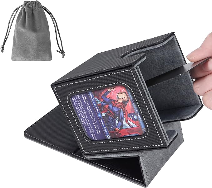 AFIING MTG Deck Box for Commander Display,Card Deck Box Fits 100 Double Sleeved Cards, Magic Commander TCG Card Storage Box with 2 Dividers,Drawstring Bag and 1 Toploader(Black/grey)