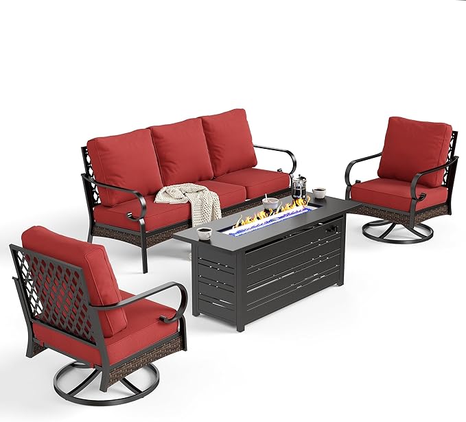 4 Piece Metal Outdoor Patio Furniture Sets with Firepit Table, Patio Conversation Sets 1 3-Seater Sofa, 2 Swivel Sofa with 5.75" Thick Cushion Backyard Furniture for Deck, Rust Red