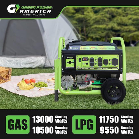 Green-Power America 13000 Watt Dual Fuel Portable Generator,Gas or Propane Powered,Electric Start,Home Back Up & RV Ready