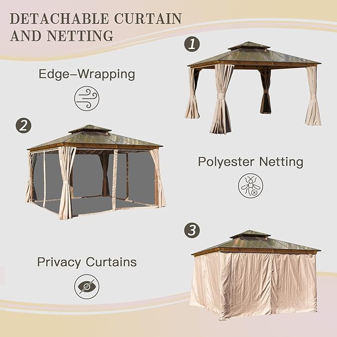 Domi 12' X 12' Hardtop Gazebo with Polycarbonate Double Roof, Aluminum Frame, Curtains & Netting, All-Weather Backyard Shade Structure for Patio, Garden, Deck, and Lawn, Wood-Look Finish