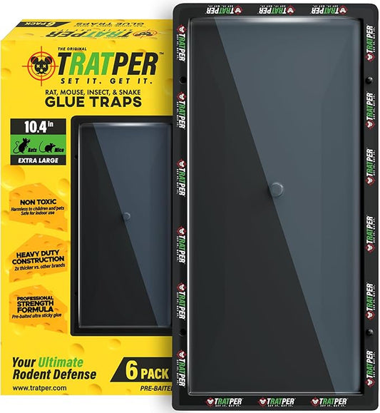 TRATPER Glue Traps for Mice,Rat,Mouse,Snake,Lizard,Insect. 6 Pack. Extra Strength,Pre-Baited Adhesive.Heavy Duty Plastic Tray.Non-Toxic,Chemical-Free Pest Control for Home. 6Pack