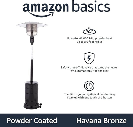 Amazon Basics 46,000 BTU Outdoor Propane Patio Heater with Wheels, Commercial & Residential, Havana Bronze, with Water Tank, 32.1 x 32.1 x 91.3 inches (LxWxH)