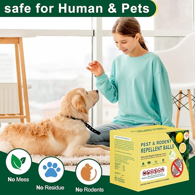 Mouse Rodent Repellent, Peppermint & Lemon Oil Mice Repellent Balls - 24 Pack Natural Rodent Deterrent for Indoor/Outdoor Use, Family & Pet Safe, Long-Lasting Insect Repellent for Home, Garden, Garage