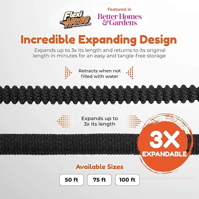 Flexi Hose Lightweight Expandable Garden Hose, 50FT - Retractable Garden Hose, Water Hose - No-Kink Flexibility, 3/4 Inch Solid Brass Fittings and Double Latex Core