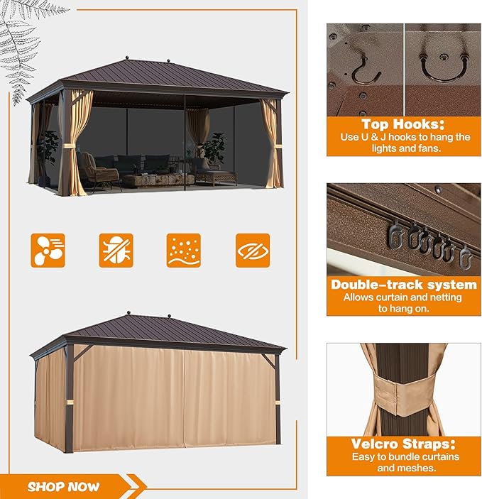 MELLCOM 12'x16' Hardtop Gazebo, Galvanized Steel Metal Double Roof Canopy with Curtains and Netting, Brown Permanent Pavilion Gazebos with Aluminum Frame for Garden, Patio, Lawns, Deck