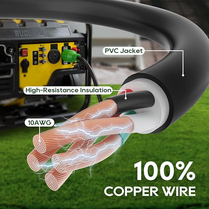 RVGUARD 4 Prong 30 Amp 25 Foot Generator Extension Cord, NEMA L14-30P/L14-30R, 125/250V Up to 7500W 10 Gauge SJTW Generator Cord with Cord Organizer, ETL Listed