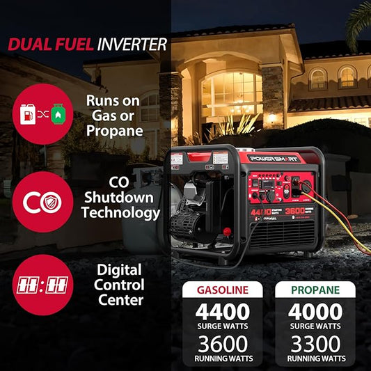 4400-Watt Dual Fuel Portable Inverter Generator, PowerSmart Gas Powered, CO-Sensor, Lightweight & Quiet for Home Use and Emergency Backup, Camping, EPA Compliant