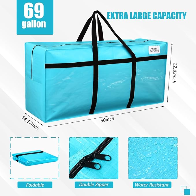 Windyun 4 Pack 69 Gallon Extra Large Storage Bags XXL Moving Bags with Zipper Handles Heavy Duty Jumbo Big Tote Box for Christmas Tree Storage 4, 5, 7.5, 9, 10, 12 ft Skeleton College Dorm(Lake Blue)